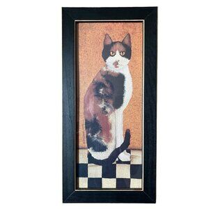 Cindy Sampson Country Cat Folk Art Framed Print Calico Kitty 1999 Vintage 90s